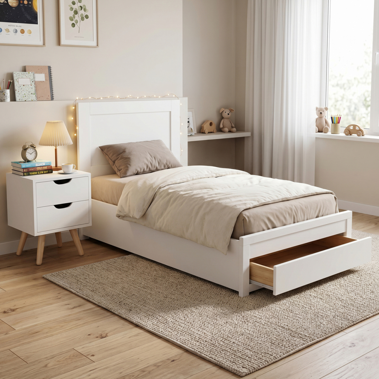 SINGLE BED WITH DRAWER and MATTRESS MELANY HM10745.04 MELAMINE IN WHITE--FOR 90x190cm. [2]