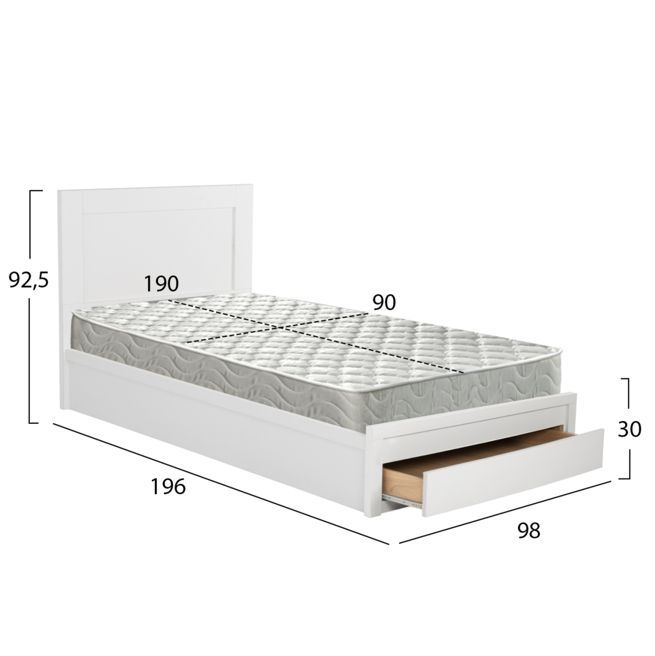 SINGLE BED WITH DRAWER and MATTRESS MELANY HM10745.04 MELAMINE IN WHITE--FOR 90x190cm. [3]