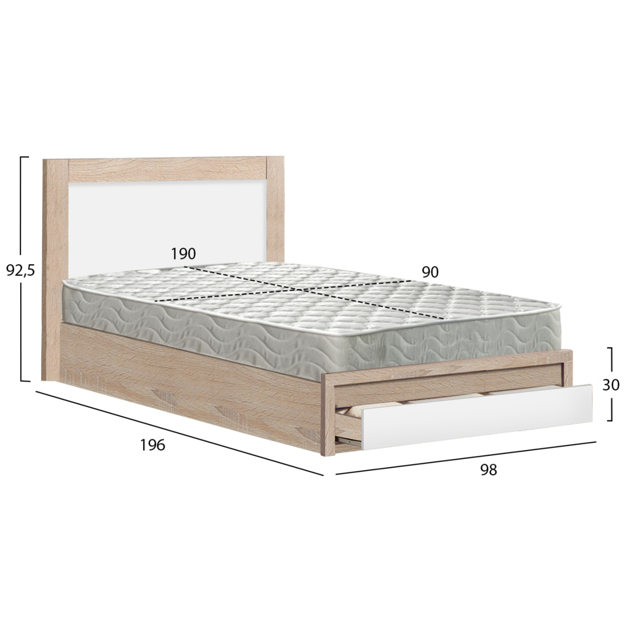 SINGLE BED WITH DRAWER and MATTRESS MELANY HM10745 MELAMINE IN SONAMA/WHITE--FOR 90x190cm. [3]