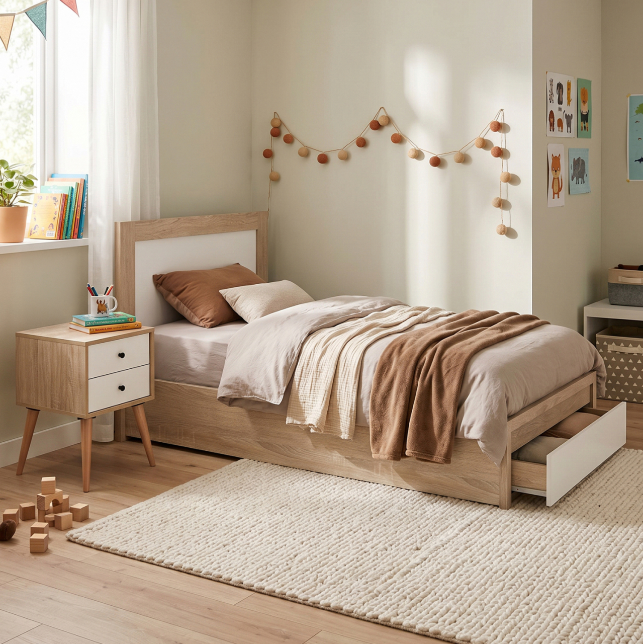 SINGLE BED WITH DRAWER and MATTRESS MELANY HM10745 MELAMINE IN SONAMA/WHITE--FOR 90x190cm. [2]