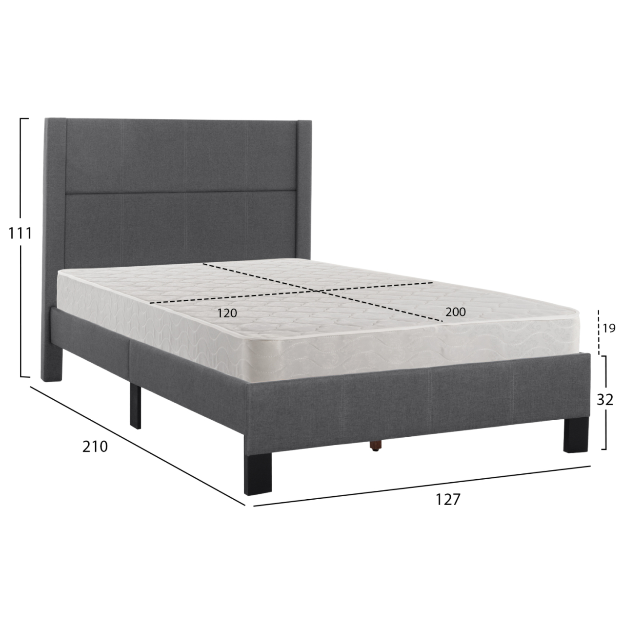 SINGLE BED WITH MATTRESS TRILLOP HM21203.12 GREY FABRIC--FOR 120X200cm. [3]