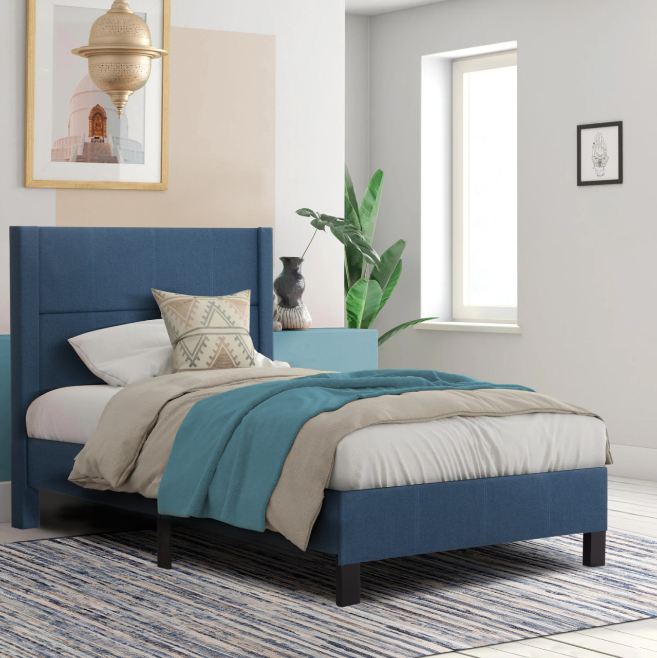 SINGLE BED WITH MATTRESS TRILLOP HM21203.14 BLUE FABRIC--FOR 120X200cm. [2]