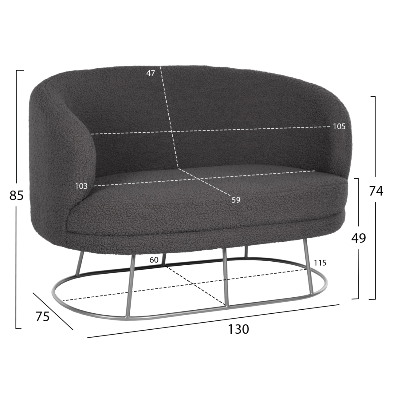 SOFA 2-SEATER ARIEN HM8492.21 GREY BOUCLE FABRIC AND SILVER METAL BASE 130x75x85Hcm. [2]