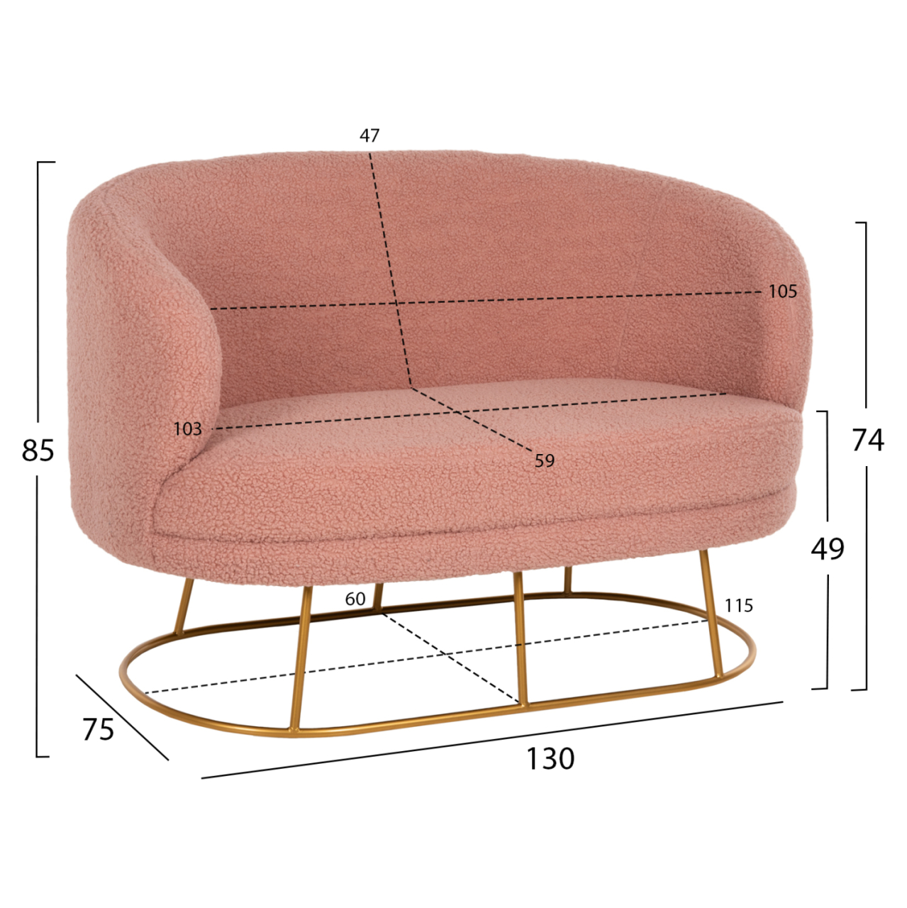 SOFA 2-SEATER ARIEN HM8492.22 DUSTY PINK BOUCLE FABRIC AND GOLD METAL BASE 130x75x85Hcm. [2]