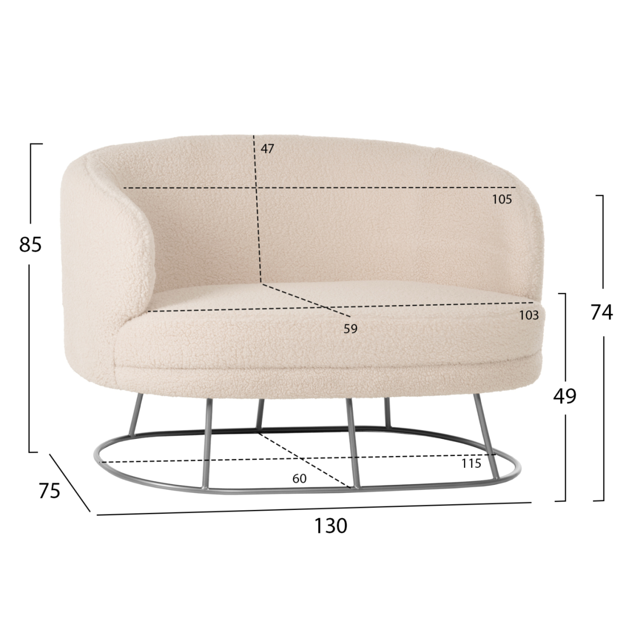 SOFA 2-SEATER ARIEN HM8492.23 WHITE BOUCLE FABRIC AND SILVER METAL BASE 130x75x85Hcm. [2]
