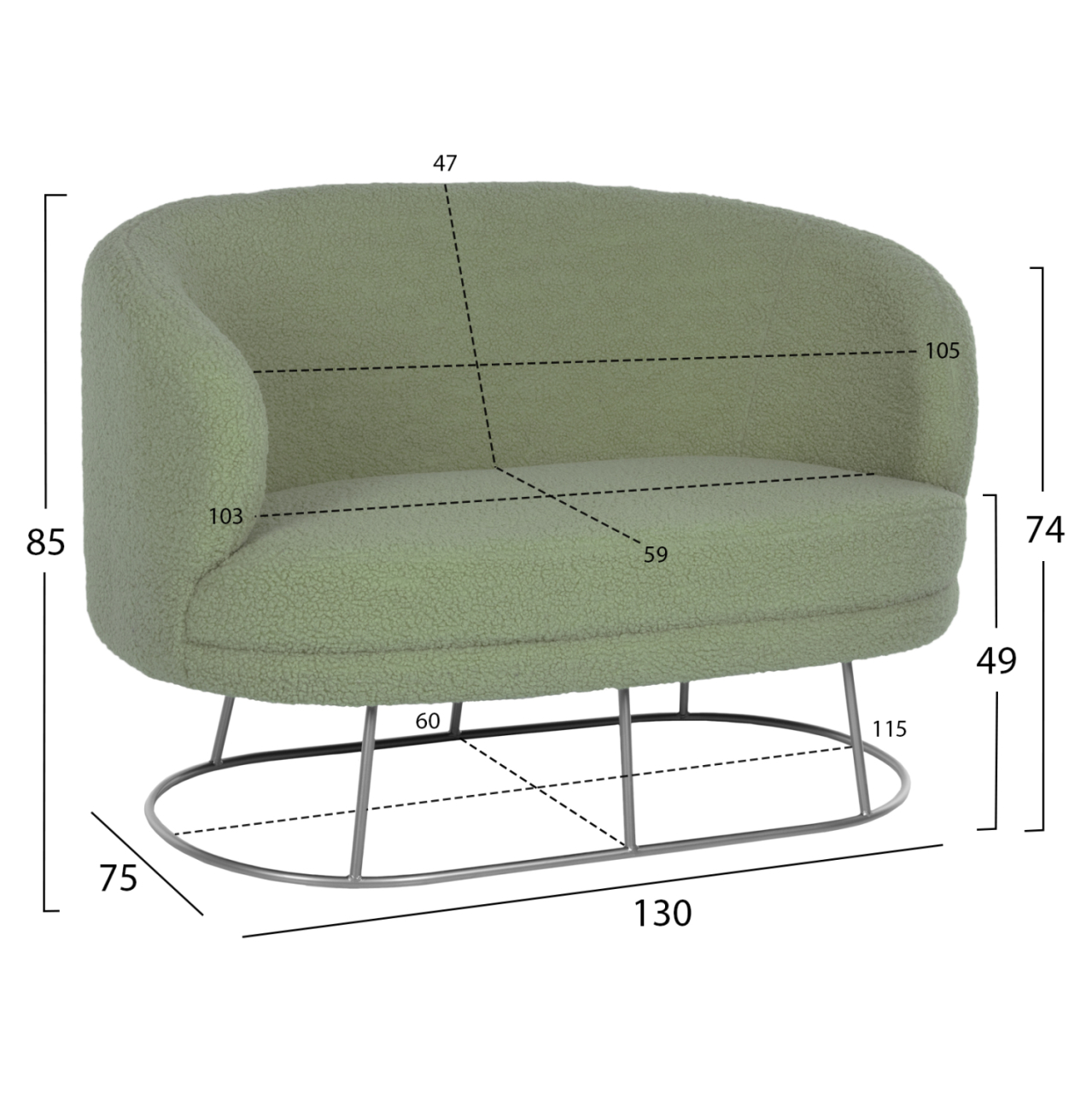 SOFA 2-SEATER ARIEN HM8492.27 PISTACHIO GREEN BOUCLE FABRIC AND SILVER METAL BASE 130x75x85Hcm. [2]