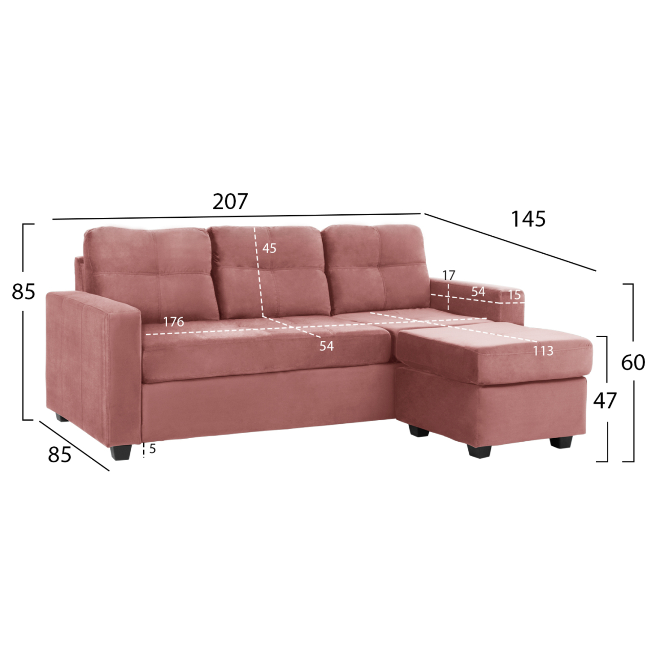 SOFA CORNER REVERSIBLE FABRIC VELVET DUSTY PINK 207x145x85Y cm. HM3004.12 [2]