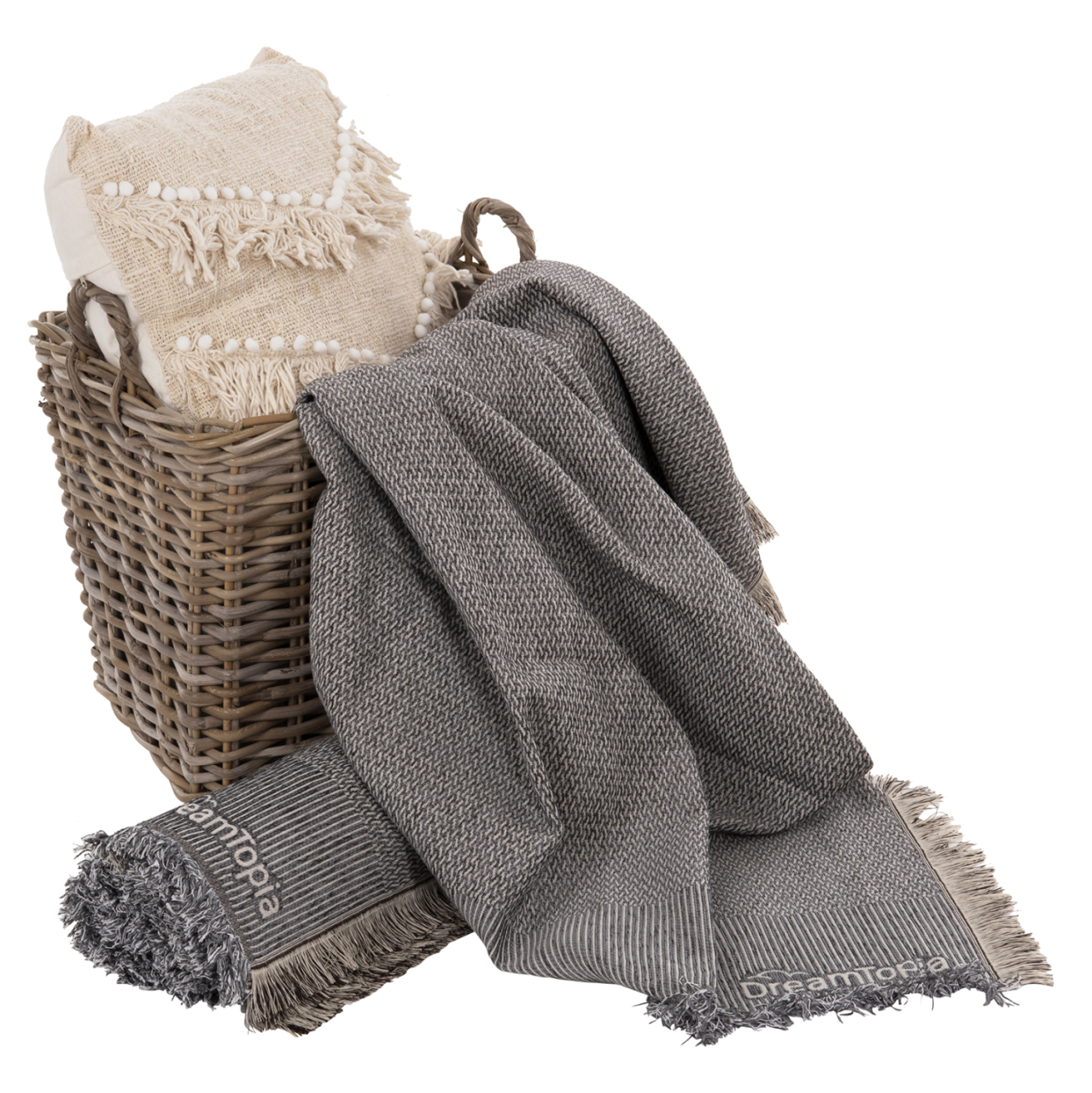 SOFA COVER-THROW WITH FRINGES DREAMTOPIA HM12164.02 IN DARK GREY COLOR 178X178cm. [4]
