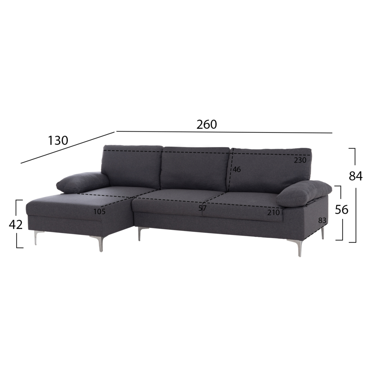 SOFA LEFT CORNER ANTON HM3340.01L GREY FABRIC--METAL LEGS 260x130x84Hcm [2]