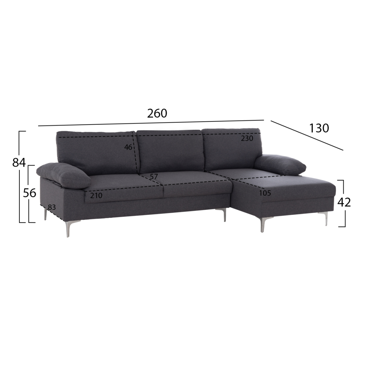 SOFA RIGHT CORNER ANTON HM3340.01R GREY FABRIC--METAL LEGS 260x130x84Hcm [2]