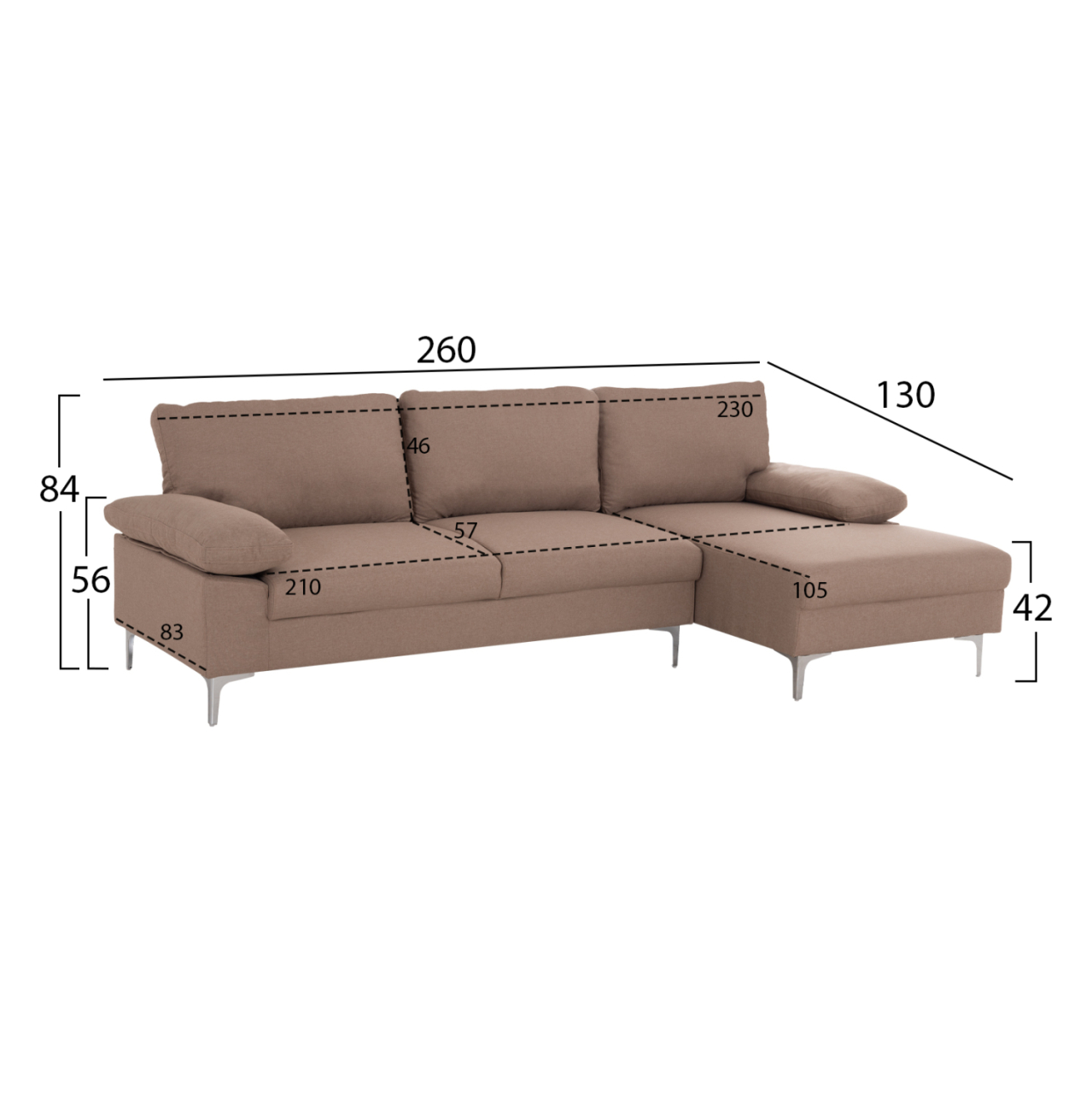 SOFA RIGHT CORNER ANTON HM3340.02R IVORY FABRIC--METAL LEGS 260x130x84Hcm [2]
