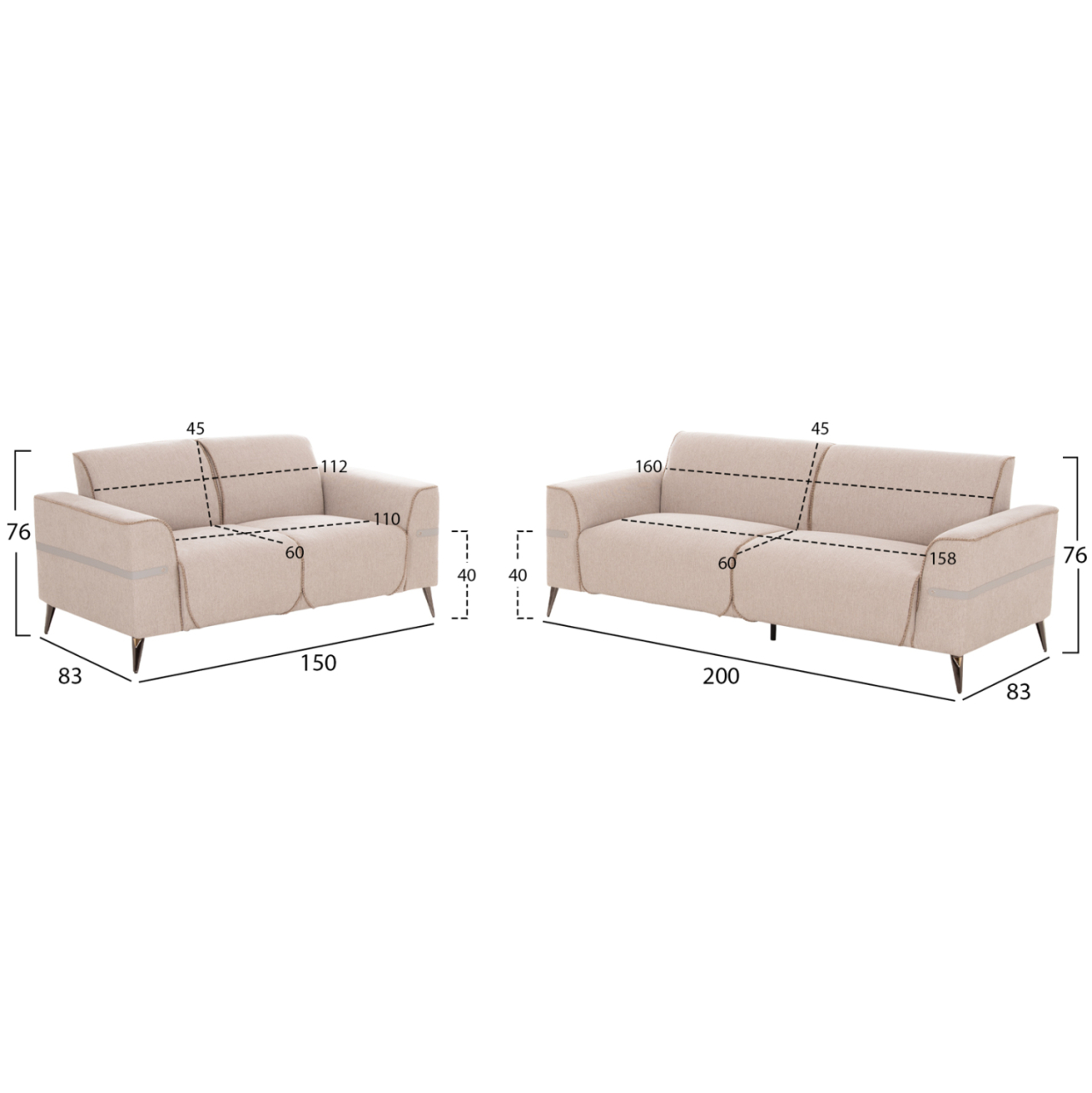SOFA SET 2PCS FERIN HM6070.12 ECRU FABRIC WITH METAL LEGS [2]