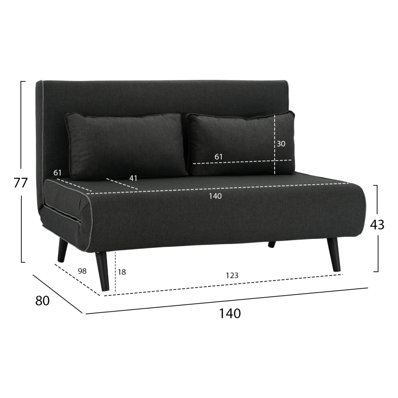 SOFABED FOR 2 PEOPLE ASMA HM3077.03 FABRIC IN DARK GREY 140x80x77Hcm. [2]