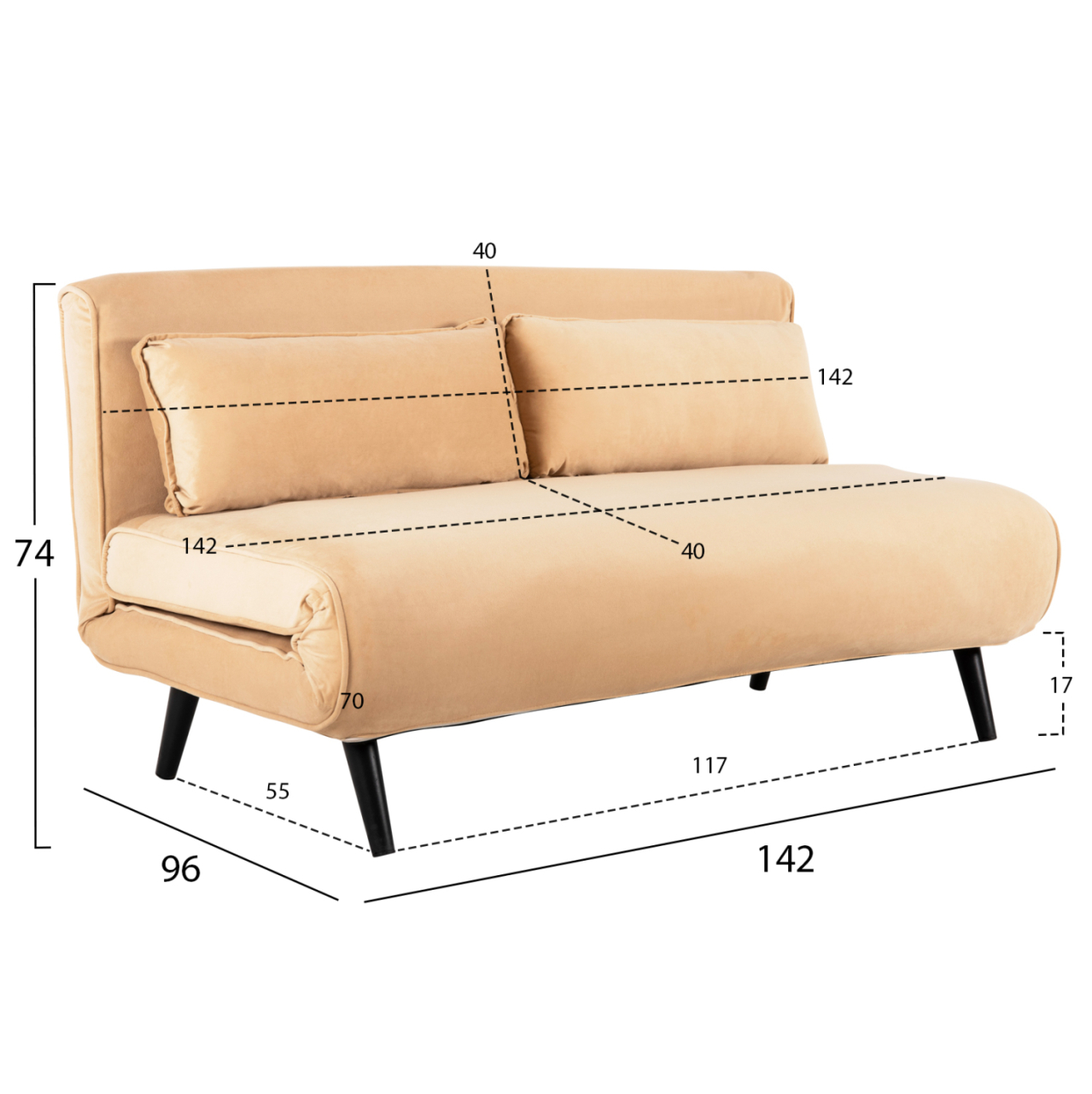 SOFABED FOR 2 PEOPLE ASMA HM3077.17 VELVET IN BEIGE COLOR 140x80x77Hcm. [2]