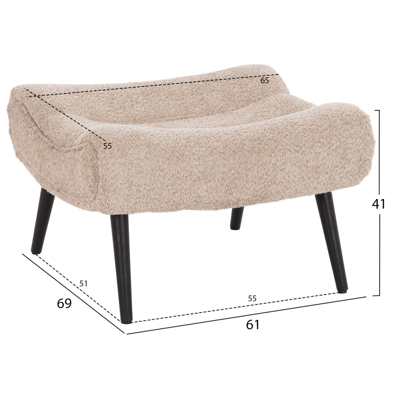 STOOL-FOOTREST BRYM HM9606.08 BEIGE/BROWN BOUCLE FABRIC-BLACK WOODEN LEGS 69X61X41Hcm. [2]