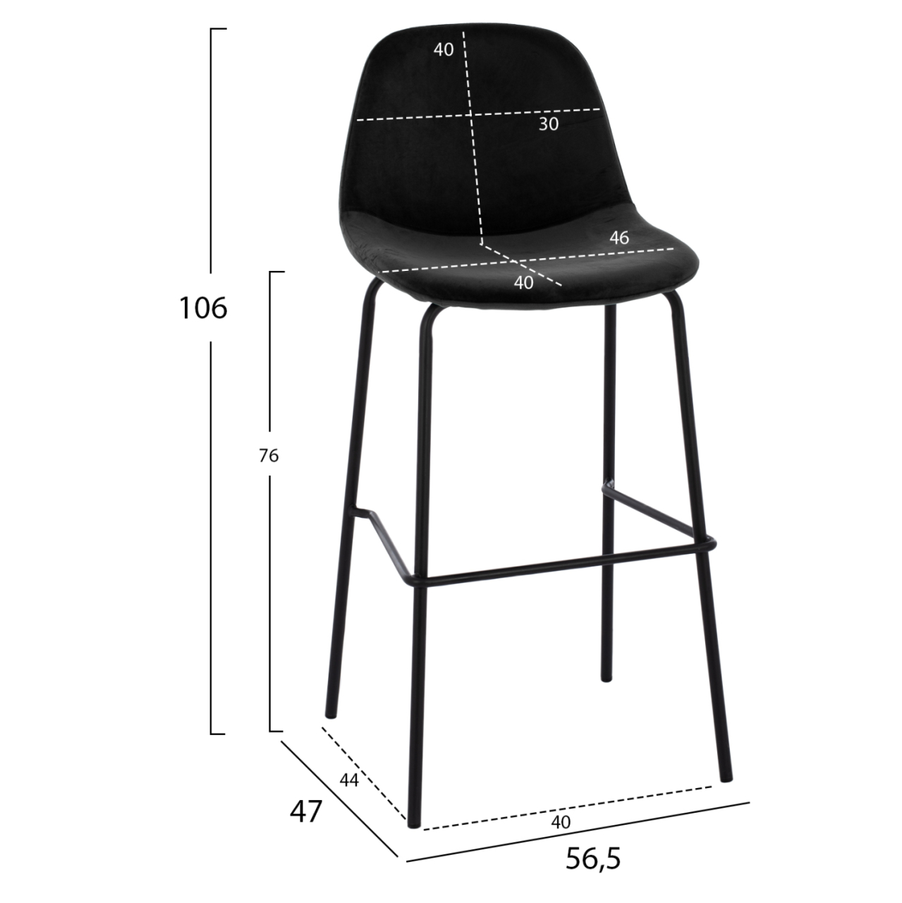 STOOL VINCENT HM8579.14, VELVET BLACK, METAL FRAME 56,5x47x106 cm. [2]