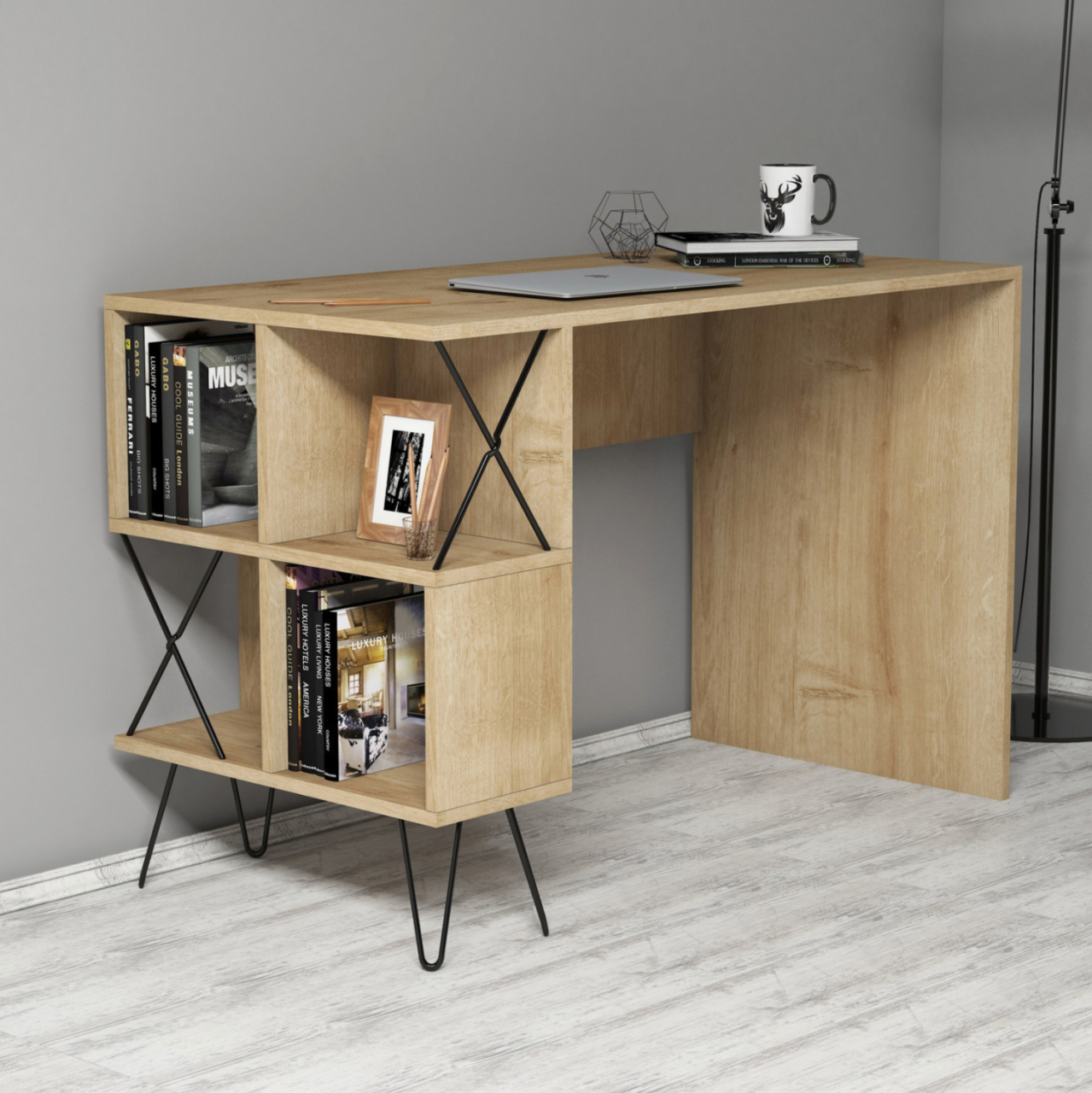 STUDY DESK HM9509.01 MELAMINE NATURAL OAK WITH SHELVES 120x60x78.8Hcm. [3]