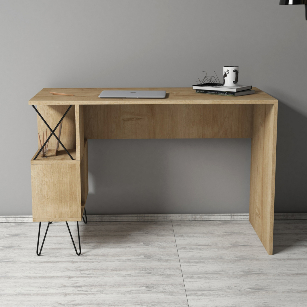 STUDY DESK HM9509.01 MELAMINE NATURAL OAK WITH SHELVES 120x60x78.8Hcm. [4]