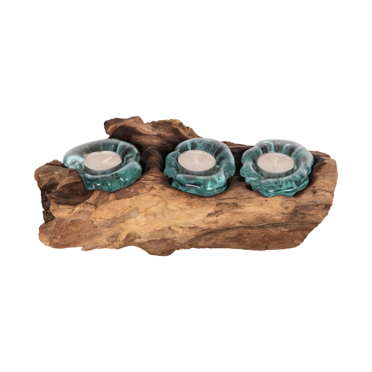 TABLE DECOR ΗΜ4282 CANDLE BASE-3 SPOTS-SOLID TEAK WOOD AND GLASS-NATURAL [3]