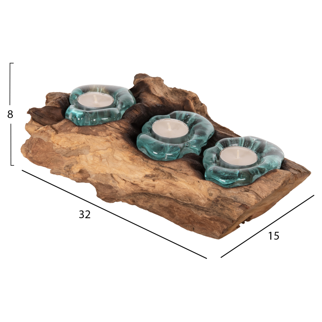 TABLE DECOR ΗΜ4282 CANDLE BASE-3 SPOTS-SOLID TEAK WOOD AND GLASS-NATURAL [2]