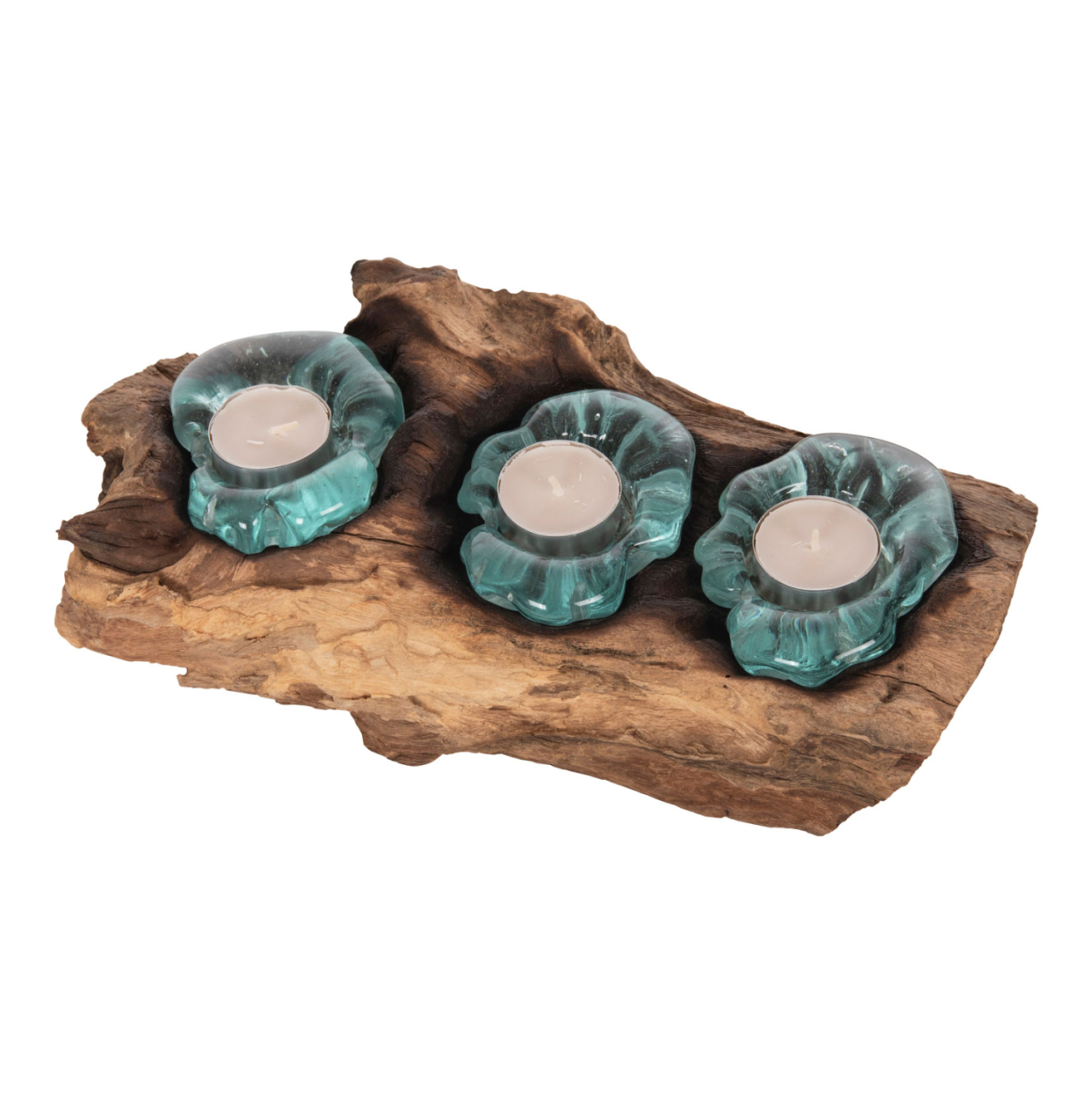 TABLE DECOR ΗΜ4282 CANDLE BASE-3 SPOTS-SOLID TEAK WOOD AND GLASS-NATURAL [5]