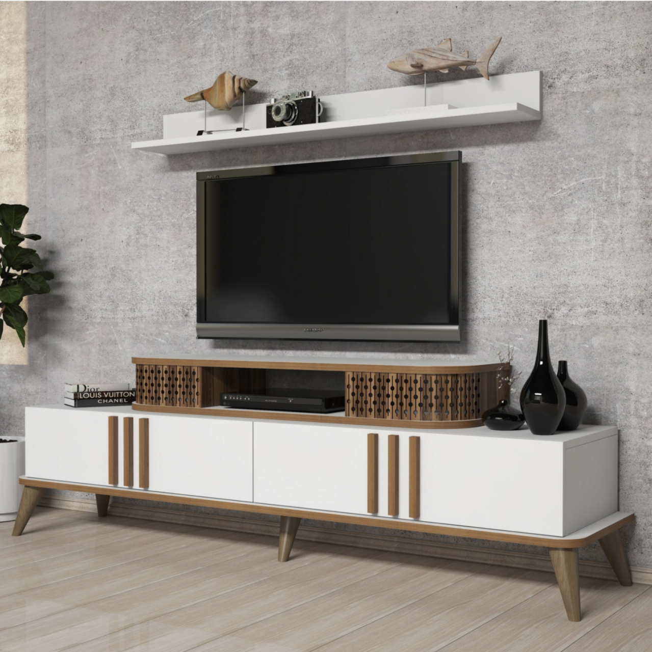 TV COMBO FURNITURE HM9515.03 MELAMINE IN WHITE and WALNUT COLOR 168x39x51.6Hcm [3]