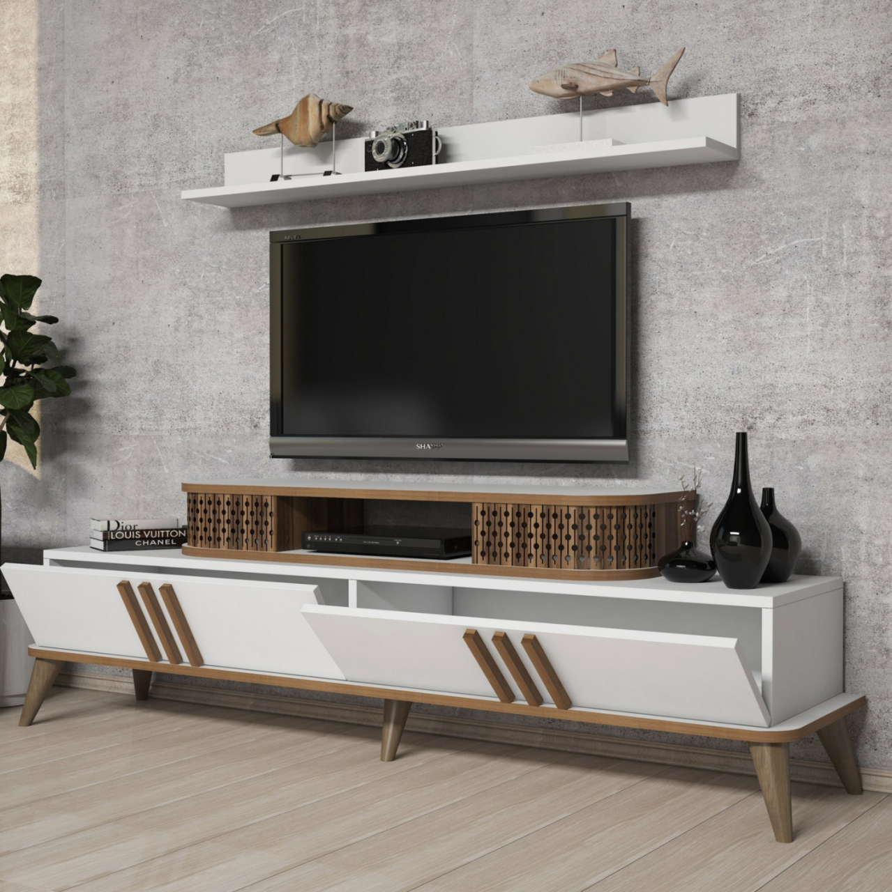TV COMBO FURNITURE HM9515.03 MELAMINE IN WHITE and WALNUT COLOR 168x39x51.6Hcm [4]