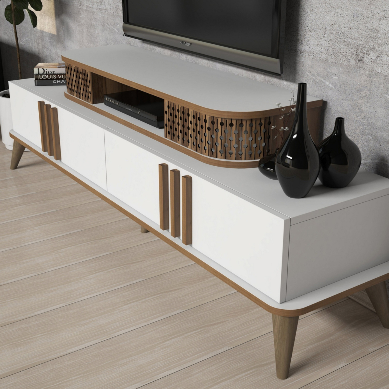 TV COMBO FURNITURE HM9515.03 MELAMINE IN WHITE and WALNUT COLOR 168x39x51.6Hcm [5]