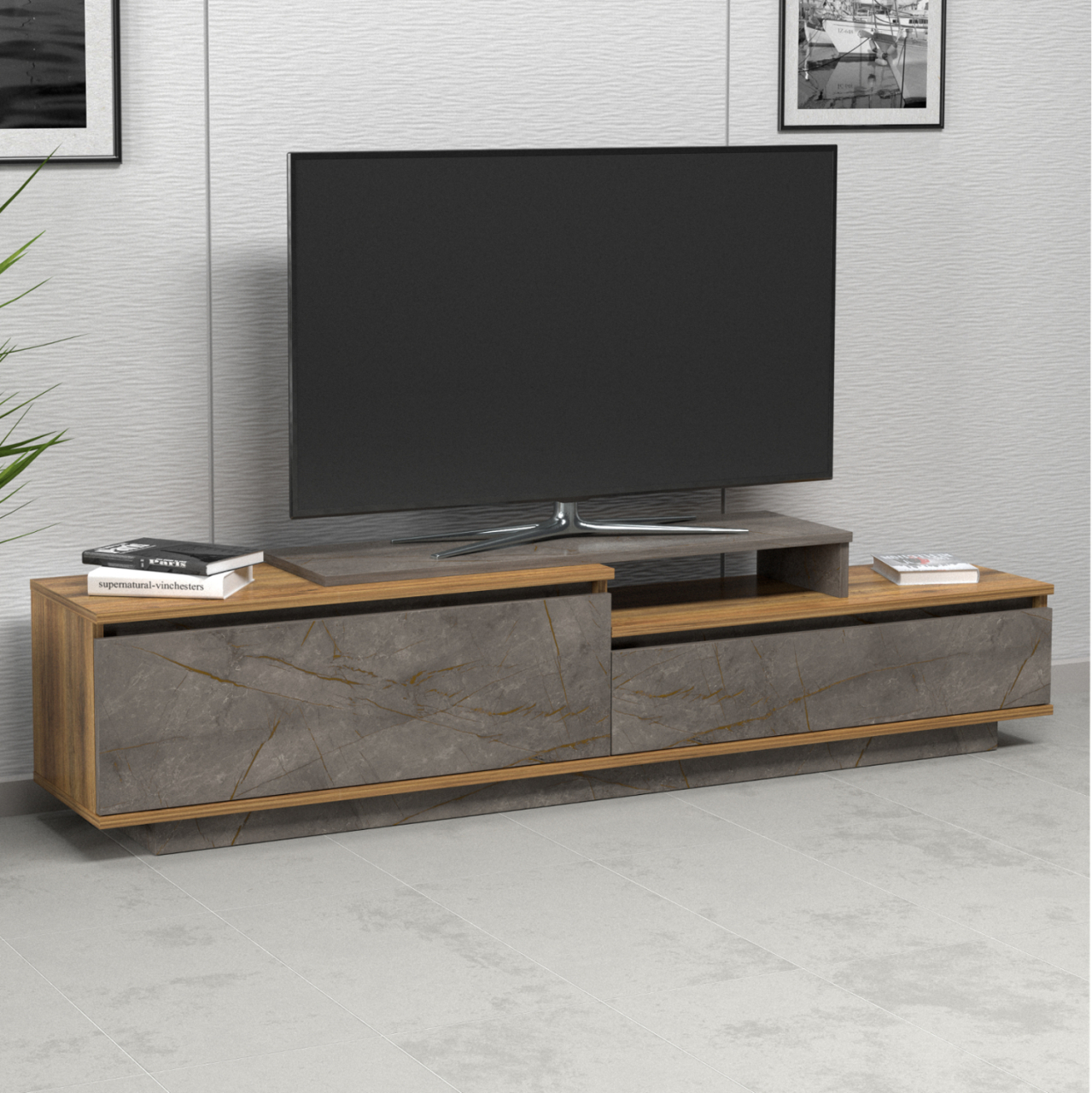 TV FURNITURE LEIS HM18186 MELAMINE IN NATURAL and GREY MARBLE LOOK COLORING 180x35x42Hcm. [2]