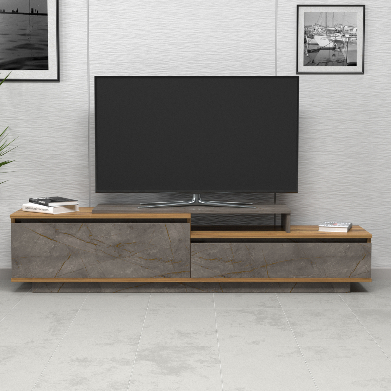 TV FURNITURE LEIS HM18186 MELAMINE IN NATURAL and GREY MARBLE LOOK COLORING 180x35x42Hcm. [3]