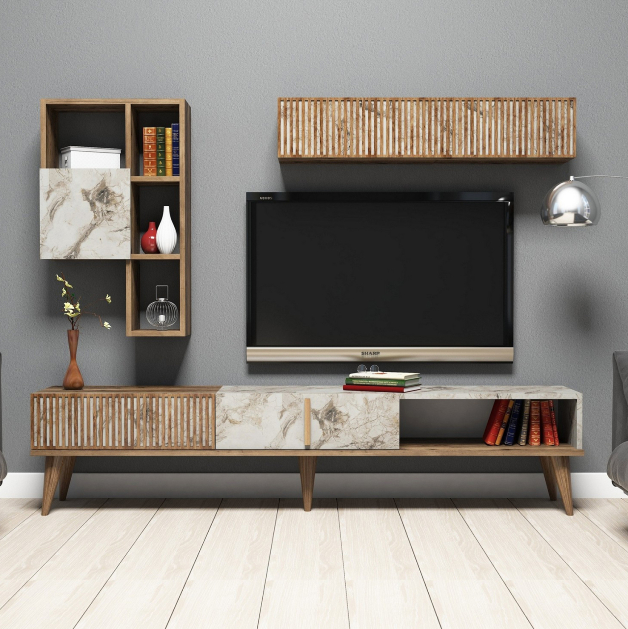 TV FURNITURE MELAMINE IN WALNUT AND WHITE MARBLE 180x35x40Hcm.HM9438.01 [5]