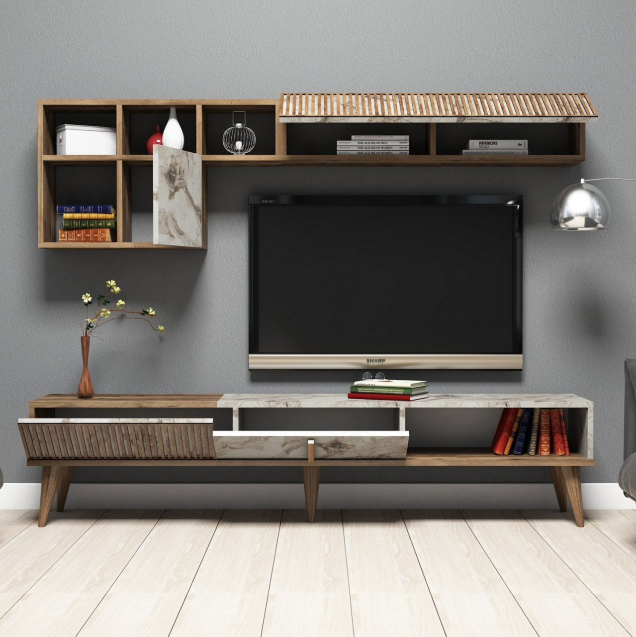 TV FURNITURE MELAMINE IN WALNUT AND WHITE MARBLE 180x35x40Hcm.HM9438.01 [4]