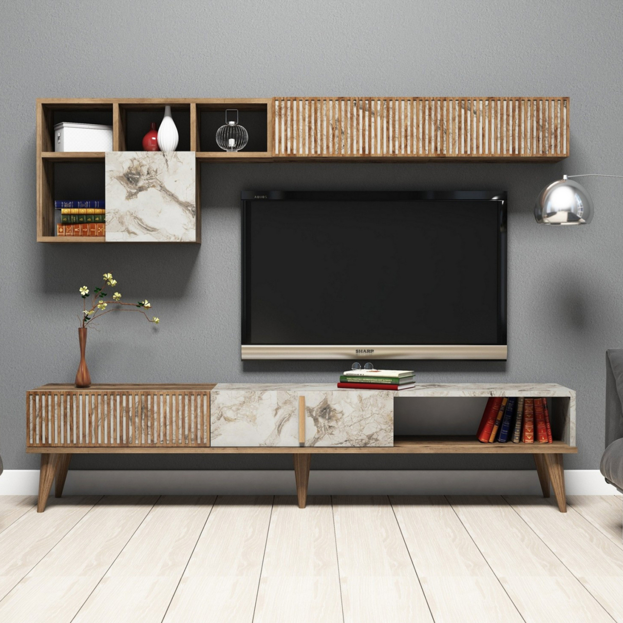 TV FURNITURE MELAMINE IN WALNUT AND WHITE MARBLE 180x35x40Hcm.HM9438.01 [3]