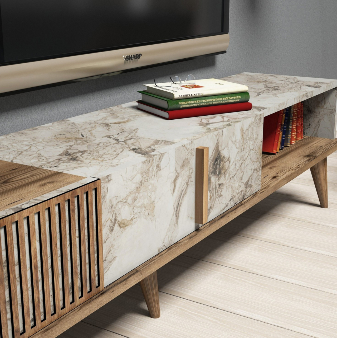 TV FURNITURE MELAMINE IN WALNUT AND WHITE MARBLE 180x35x40Hcm.HM9438.01 [7]