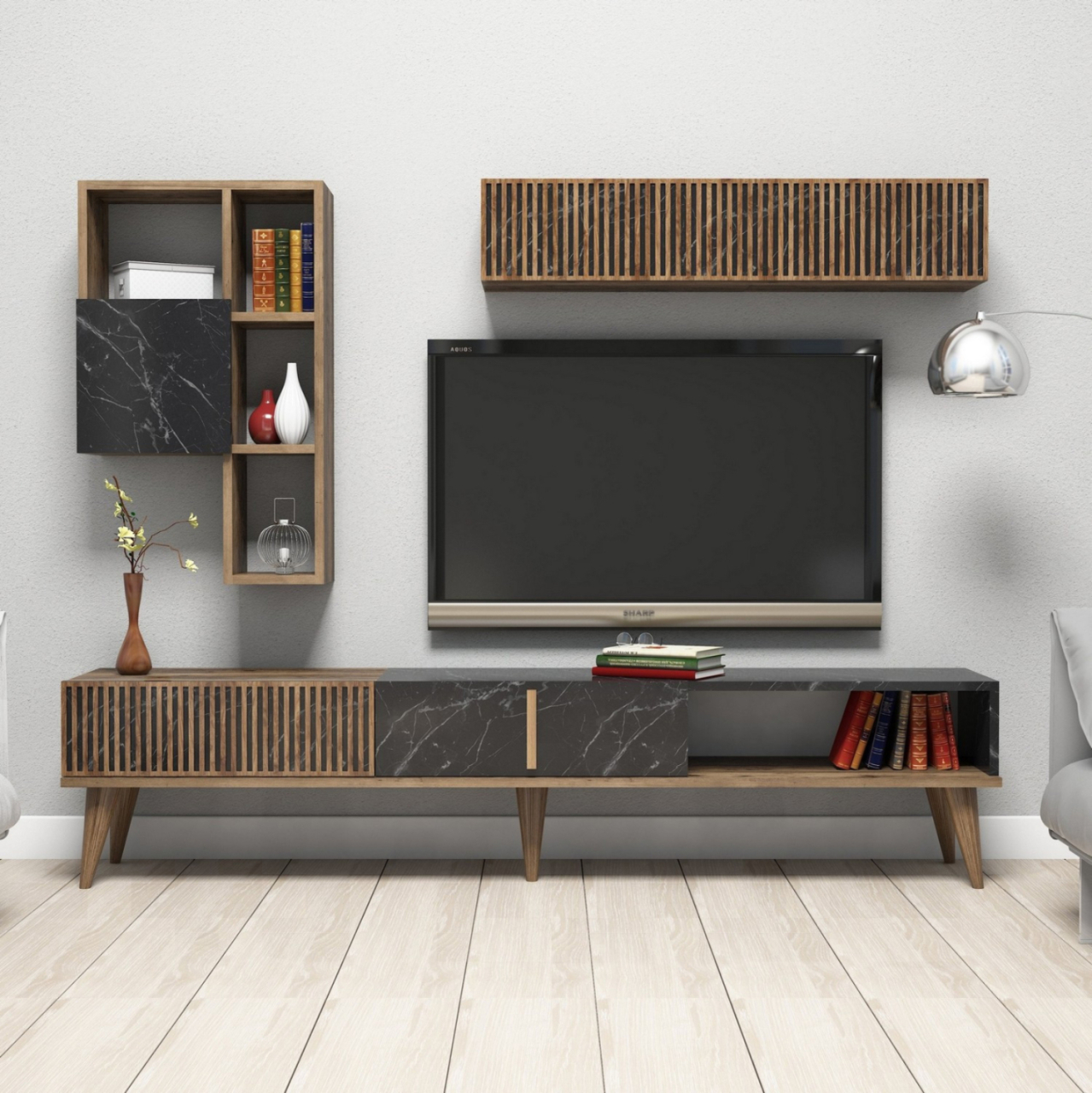 TV FURNITURE SET HM9438.03 MELAMINE IN WALNUT-BLACK MARBLE 180x35x40Hcm. [5]