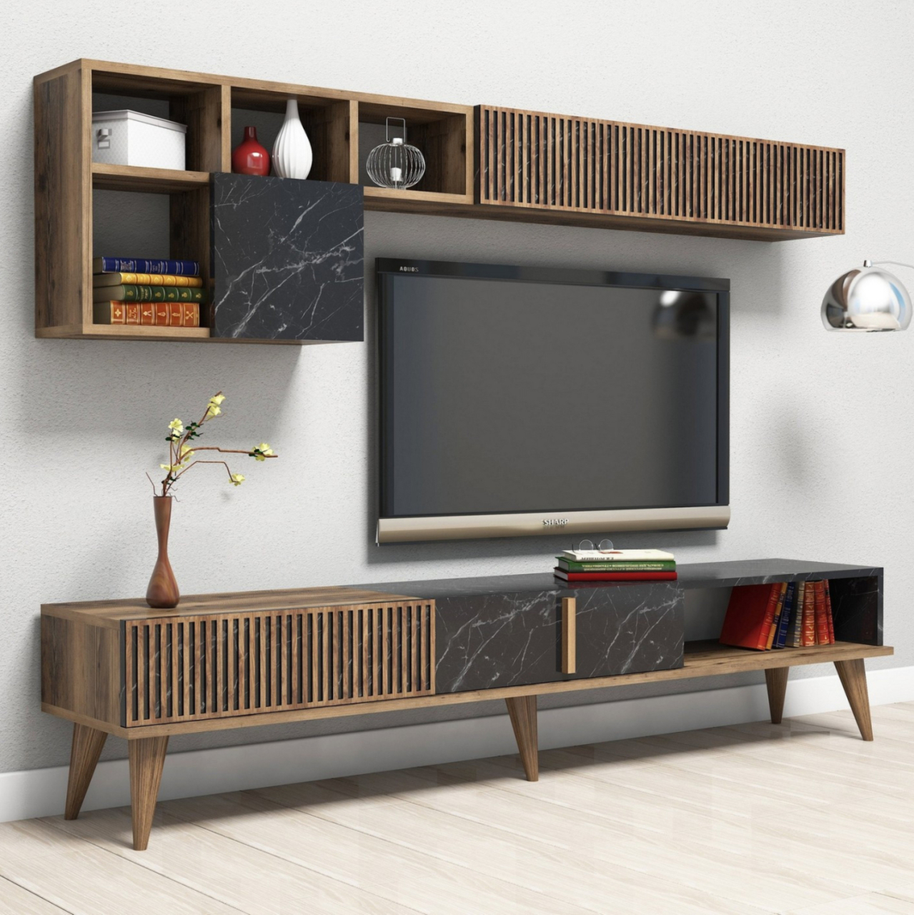 TV FURNITURE SET HM9438.03 MELAMINE IN WALNUT-BLACK MARBLE 180x35x40Hcm. [3]