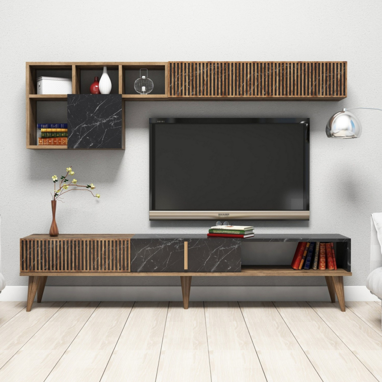 TV FURNITURE SET HM9438.03 MELAMINE IN WALNUT-BLACK MARBLE 180x35x40Hcm. [4]