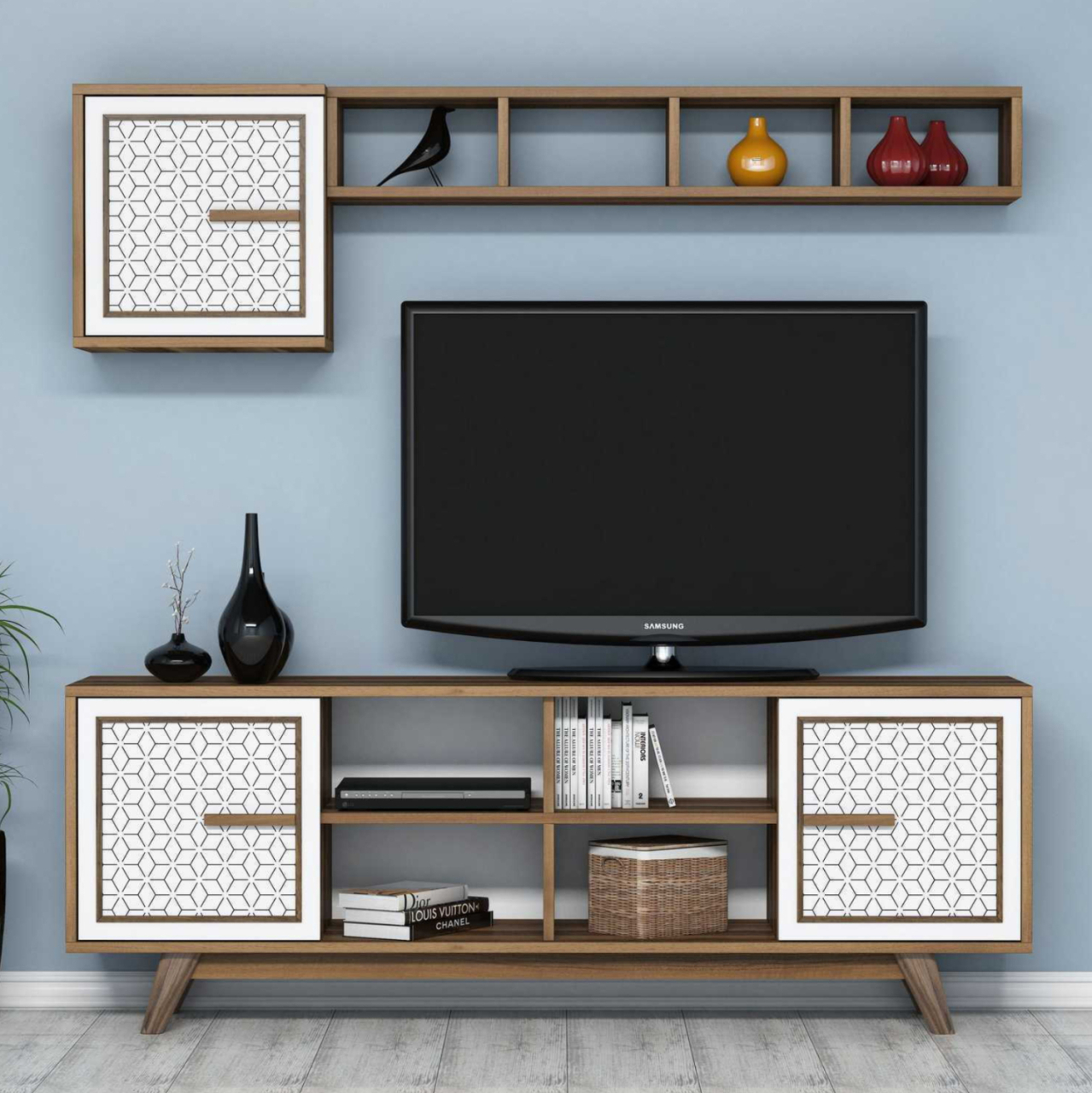 TV FURNITURE SET HM9513.03 MELAMINE IN WALNUT AND WHITE 160x35x56.2Hcm. [4]