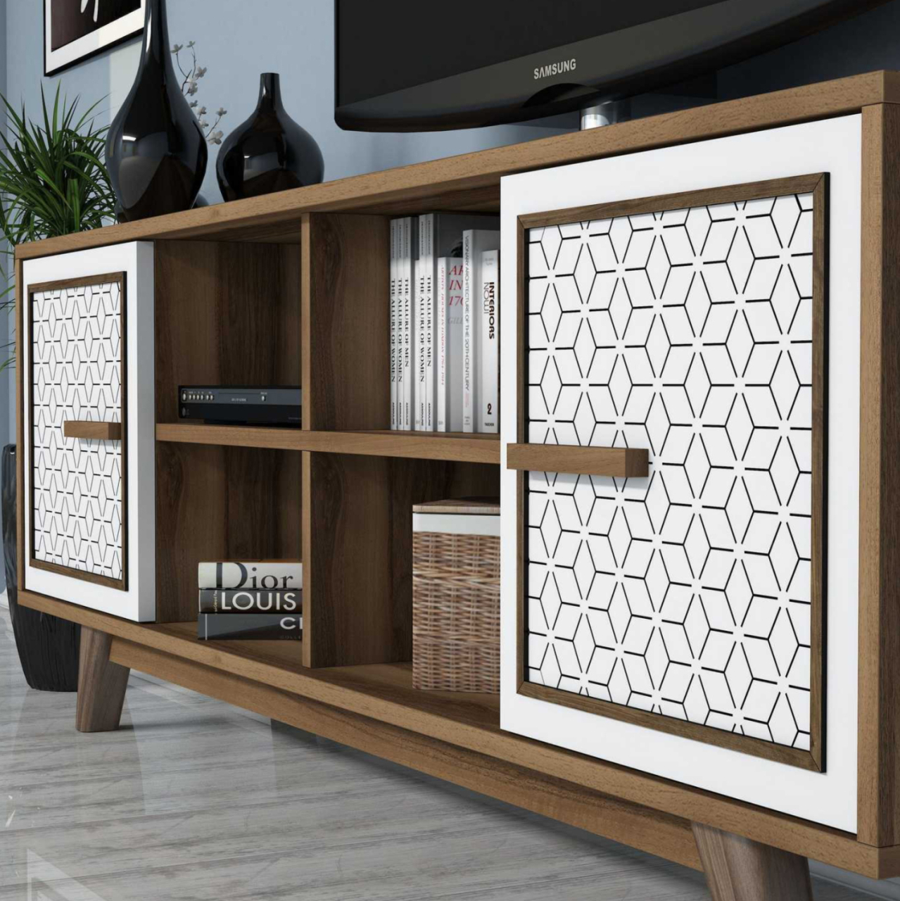 TV FURNITURE SET HM9513.03 MELAMINE IN WALNUT AND WHITE 160x35x56.2Hcm. [6]