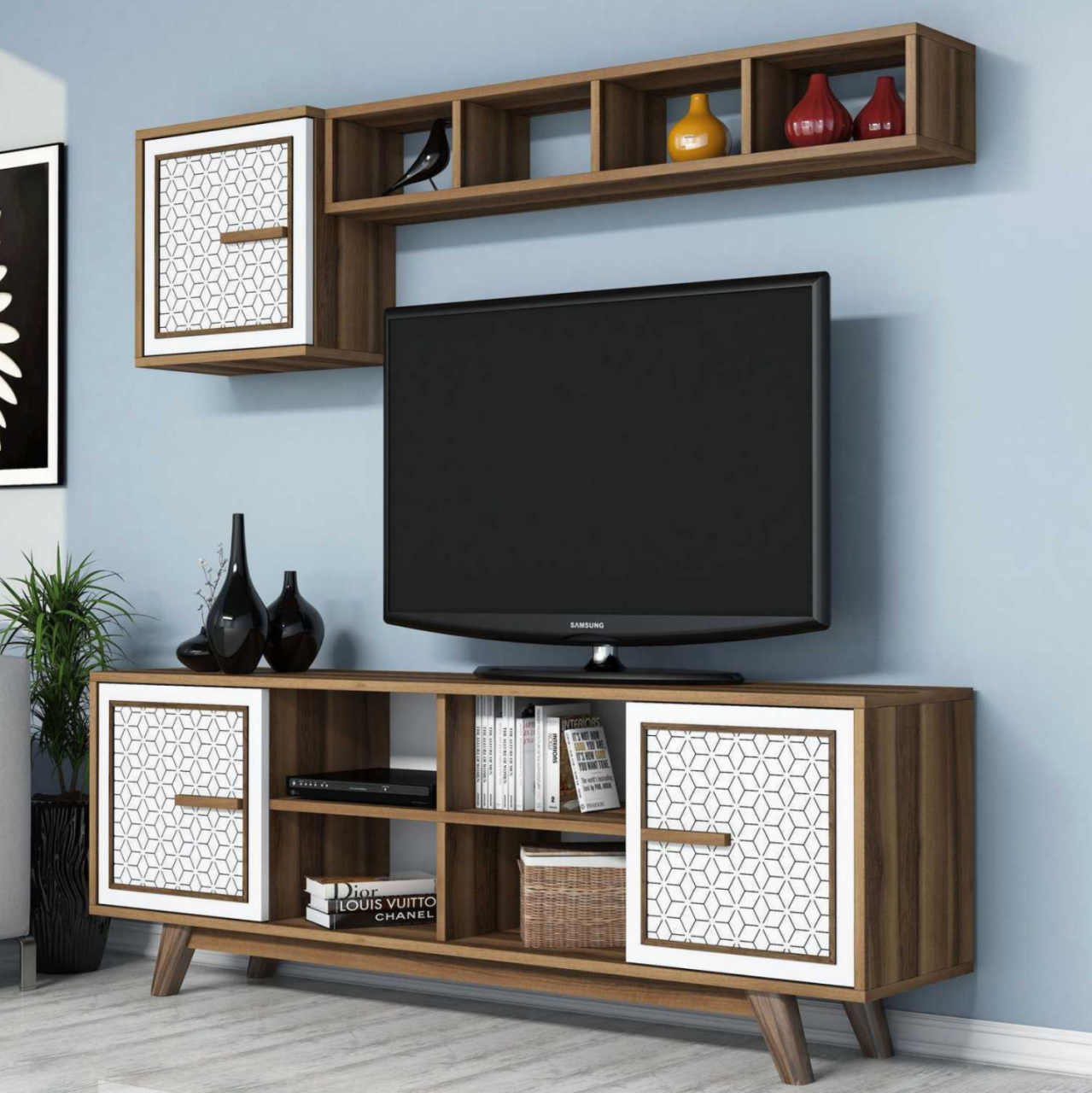 TV FURNITURE SET HM9513.03 MELAMINE IN WALNUT AND WHITE 160x35x56.2Hcm. [3]