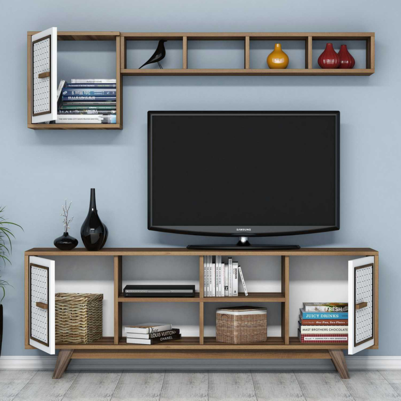 TV FURNITURE SET HM9513.03 MELAMINE IN WALNUT AND WHITE 160x35x56.2Hcm. [5]