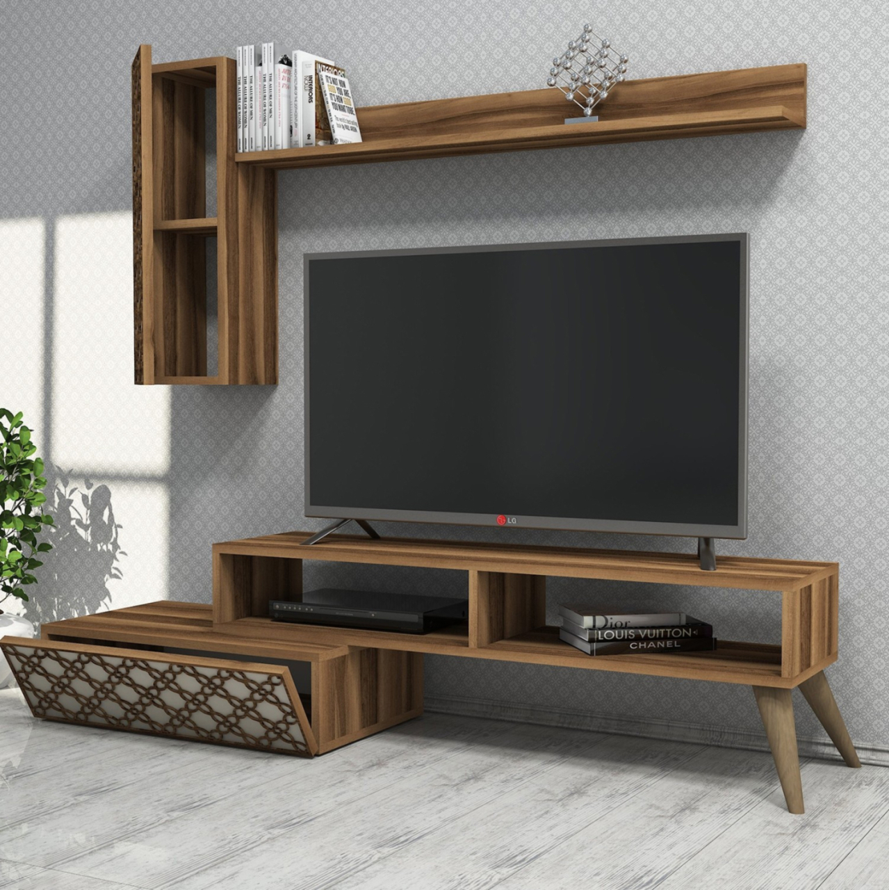 TV FURNITURE SET HM9518.02 MELAMINE IN WALNUT AND CREAM 150x37.2x37.8Hcm. [4]