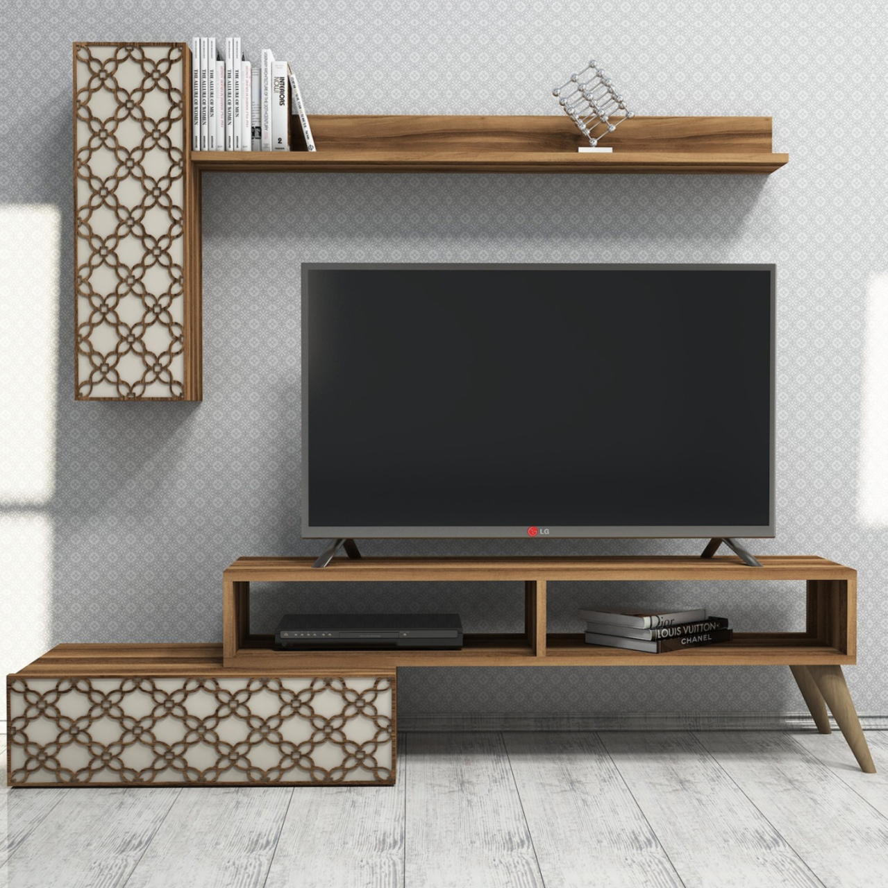 TV FURNITURE SET HM9518.02 MELAMINE IN WALNUT AND CREAM 150x37.2x37.8Hcm. [5]