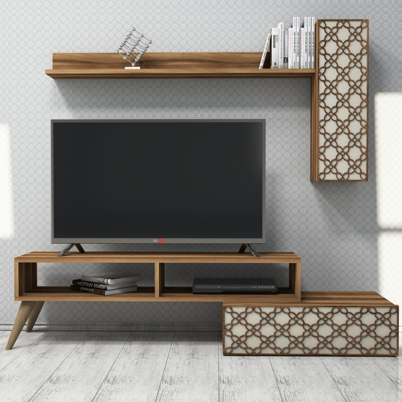 TV FURNITURE SET HM9518.02 MELAMINE IN WALNUT AND CREAM 150x37.2x37.8Hcm. [6]