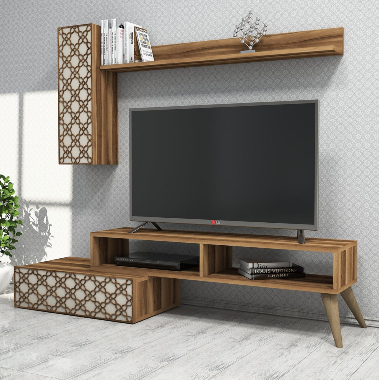 TV FURNITURE SET HM9518.02 MELAMINE IN WALNUT AND CREAM 150x37.2x37.8Hcm. [3]