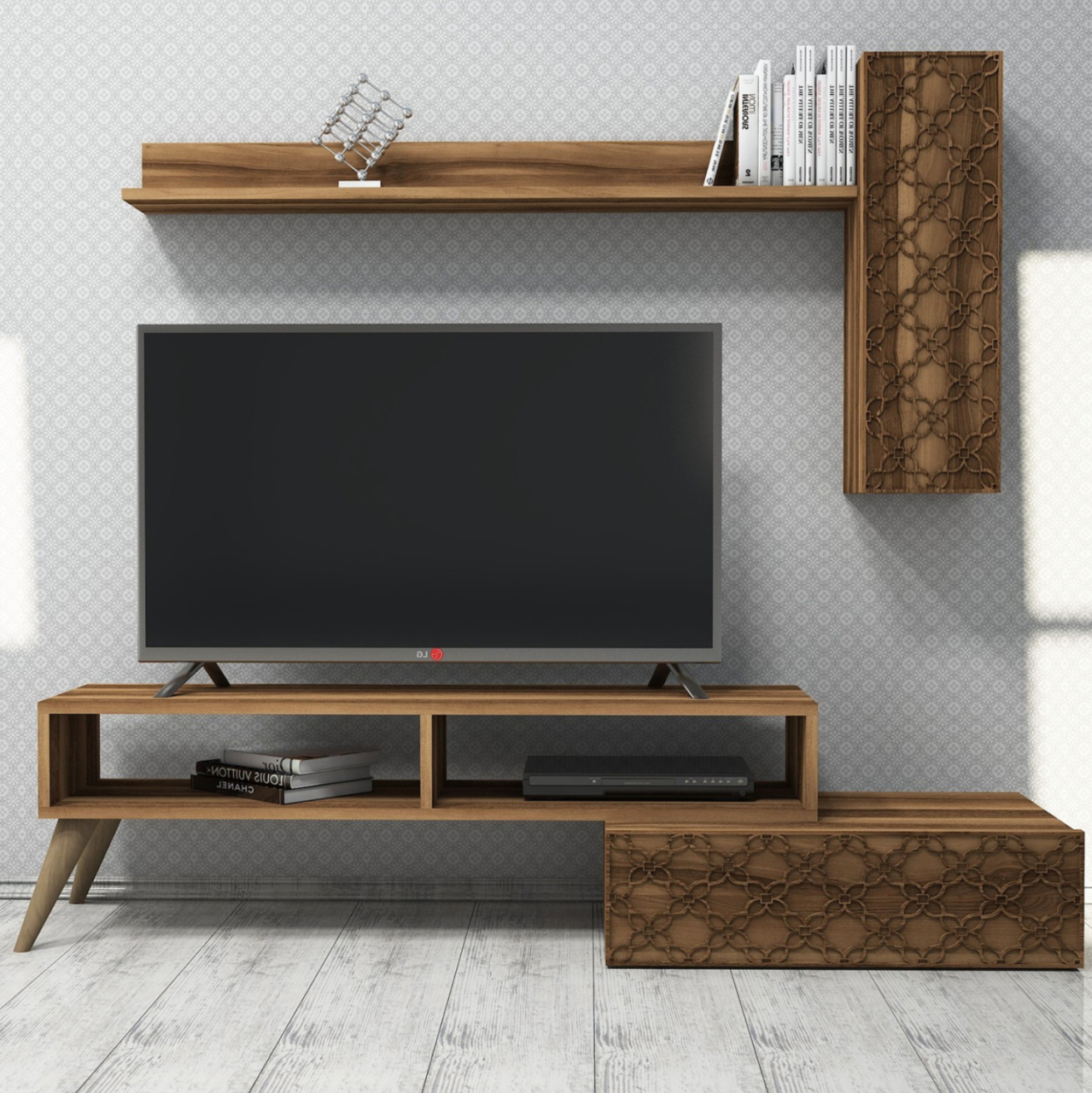 TV FURNITURE SET HM9518.03 MELAMINE IN WALNUT COLOR 150x37.2x37.8Hcm. [6]