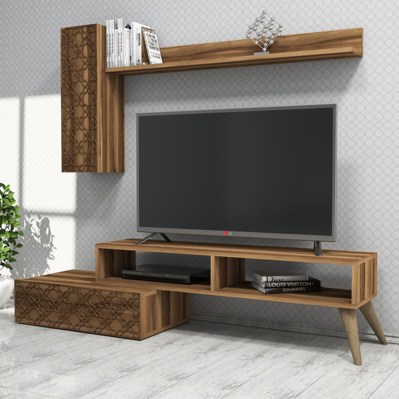 TV FURNITURE SET HM9518.03 MELAMINE IN WALNUT COLOR 150x37.2x37.8Hcm. [3]