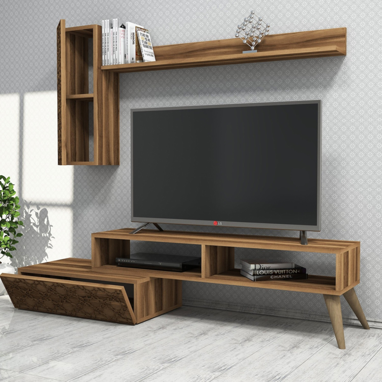 TV FURNITURE SET HM9518.03 MELAMINE IN WALNUT COLOR 150x37.2x37.8Hcm. [4]