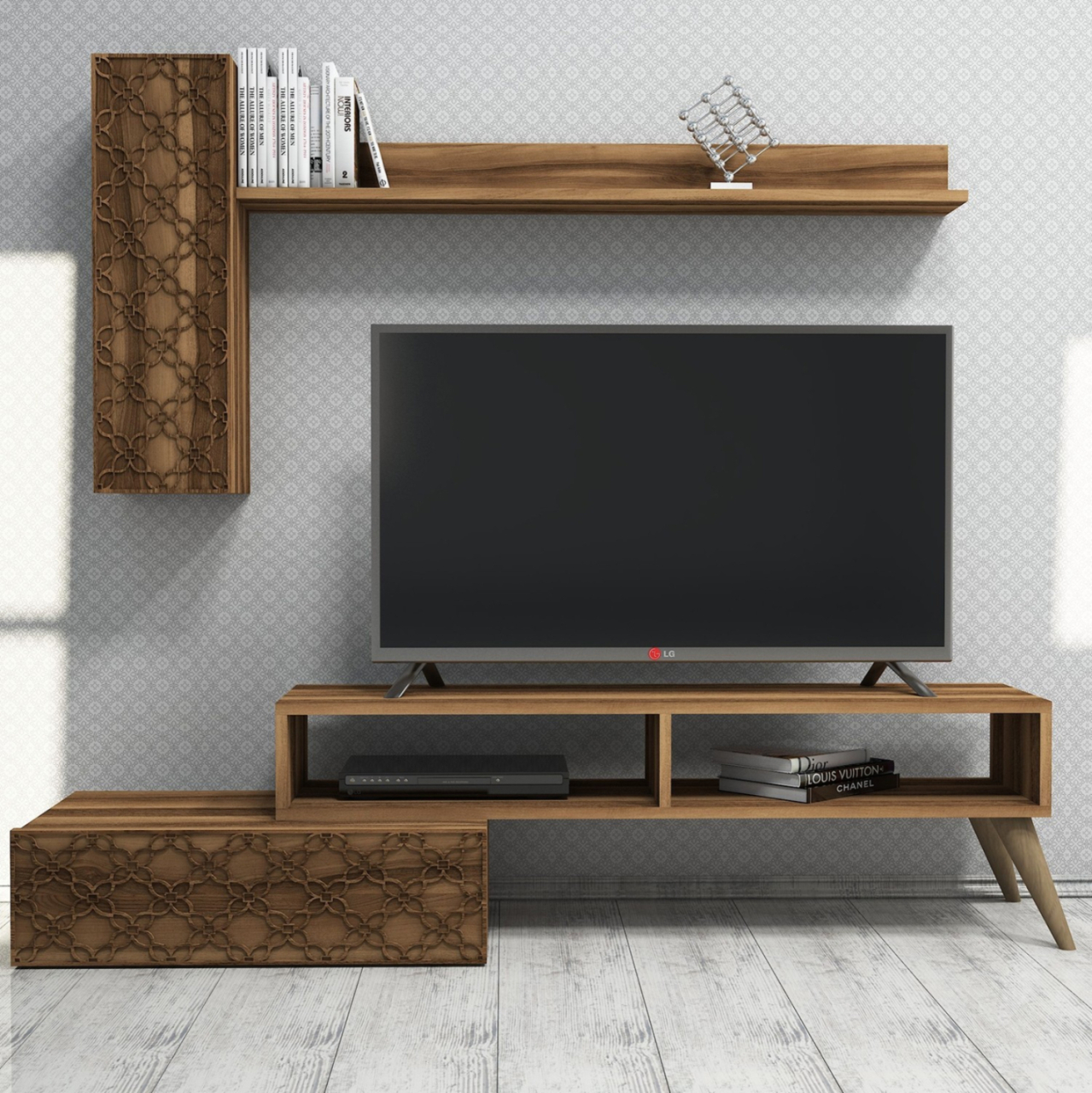 TV FURNITURE SET HM9518.03 MELAMINE IN WALNUT COLOR 150x37.2x37.8Hcm. [5]