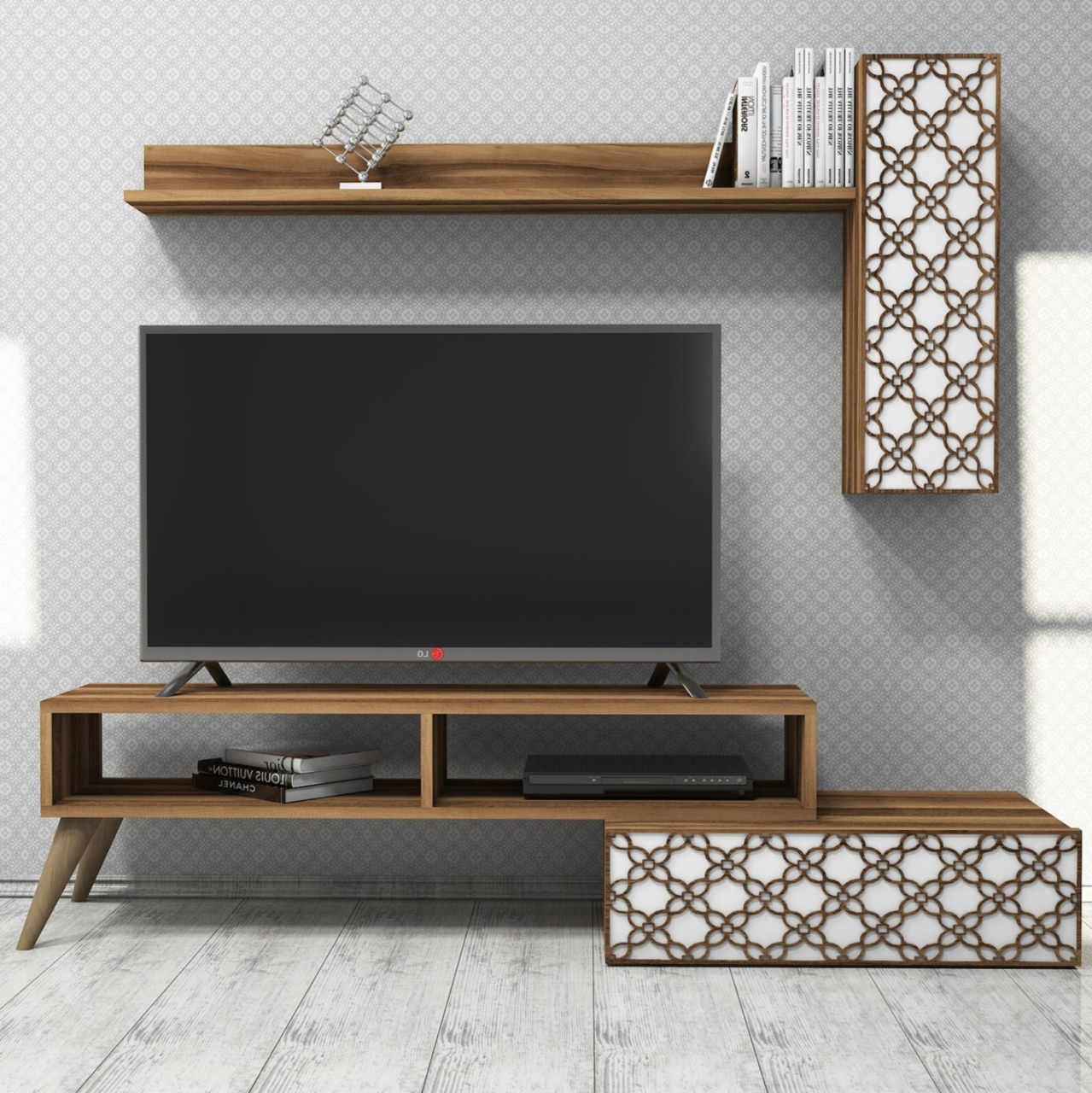 TV FURNITURE SET HM9518.04 MELAMINE IN WALNUT AND WHITE COLOR 150x37.2x37.8Hcm. [6]